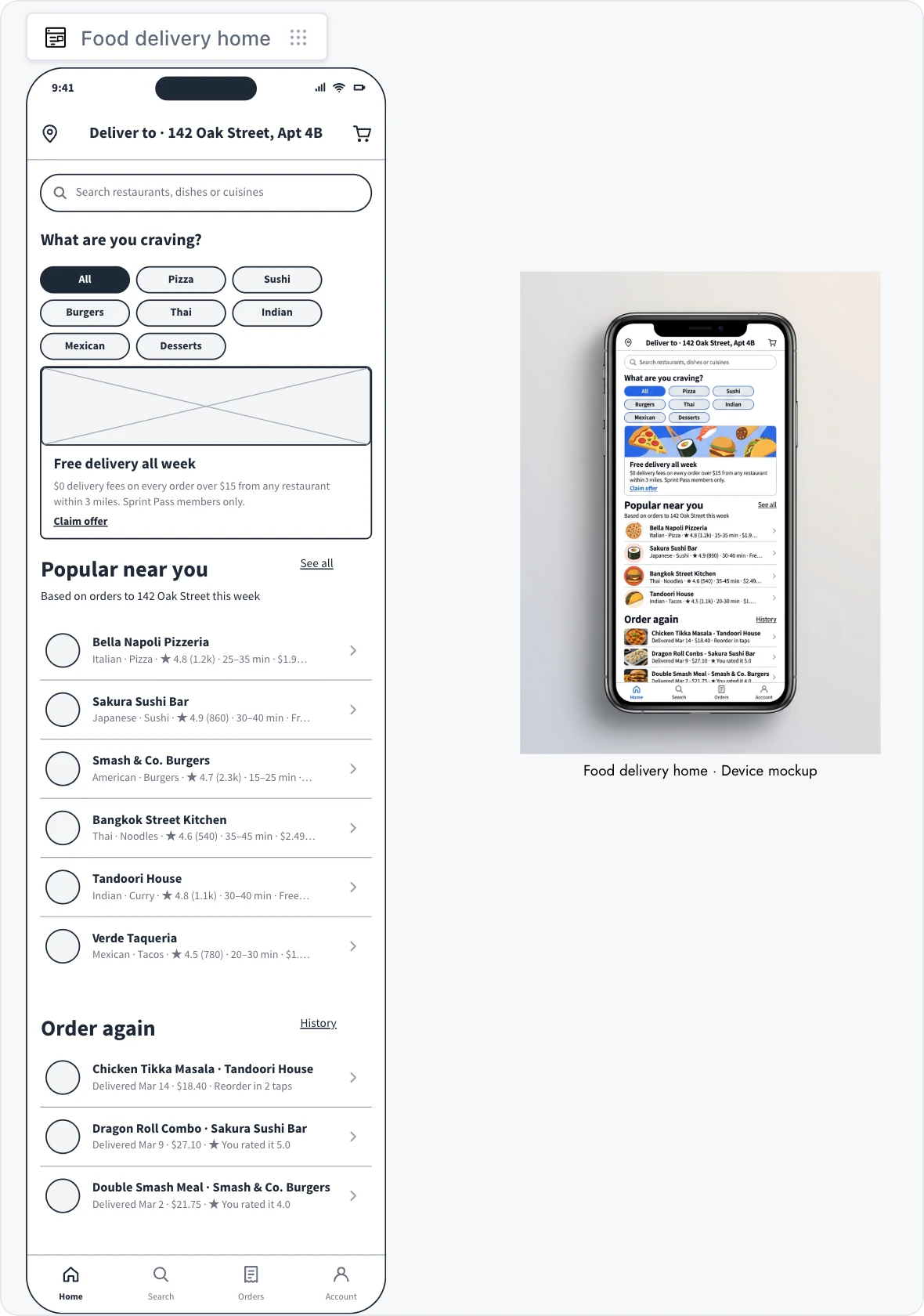 A food delivery phone wireframe on the board beside the device mockup that AI rendered from it