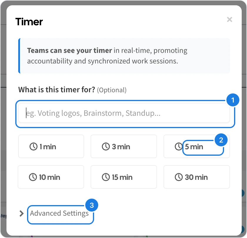 The Timer dialog with the timer name, a preset and Advanced Settings marked