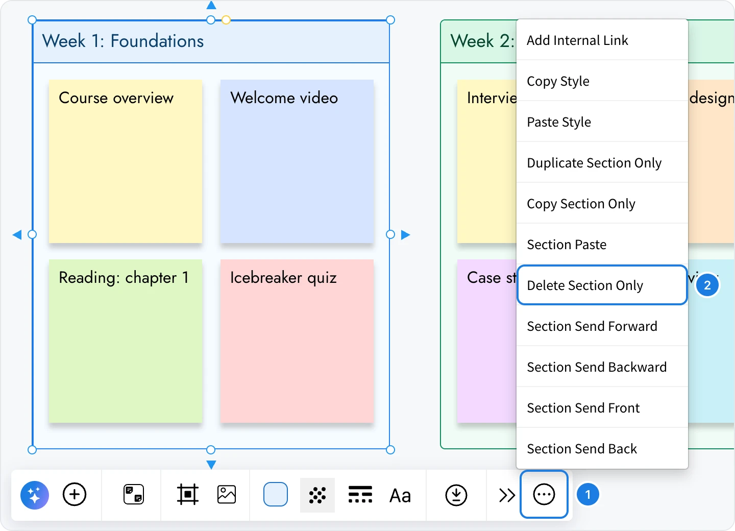 The Section edit menu open for the Week 1: Foundations section, with the Section edit menu button and Delete Section Only marked