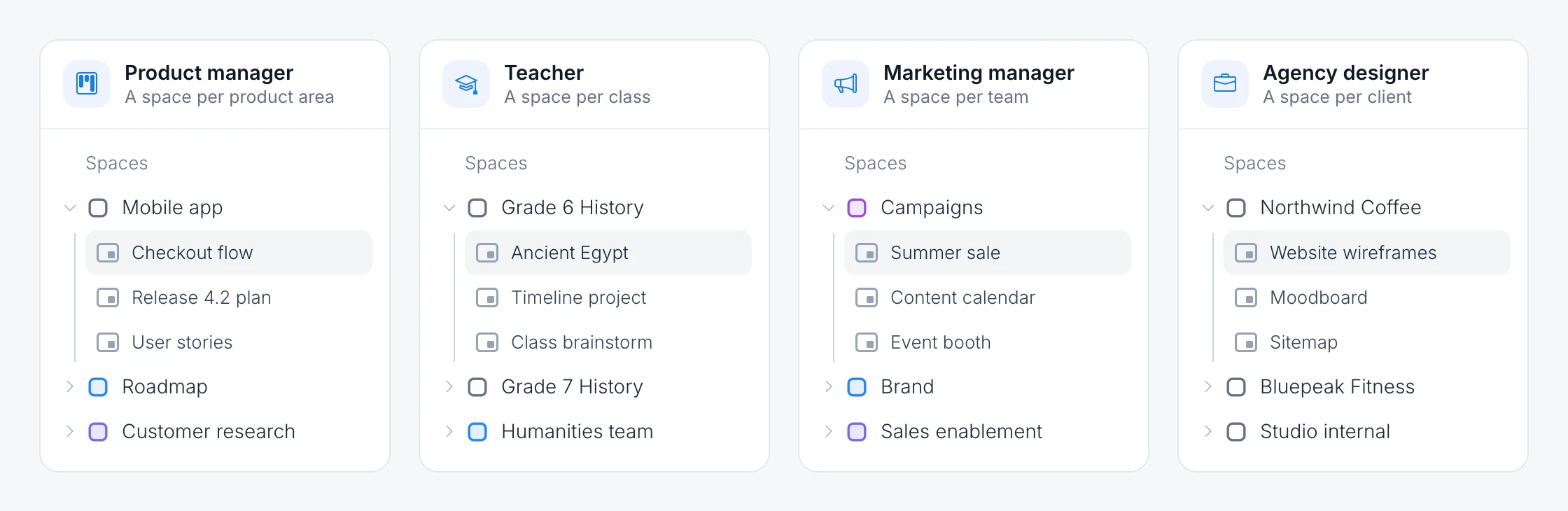 Four examples of spaces in the workspace sidebar: a product manager with Mobile app, Roadmap and Customer research spaces, a teacher with a space for each class, a marketing manager with Campaigns, Brand and Sales enablement spaces, and an agency designer with a space for each client