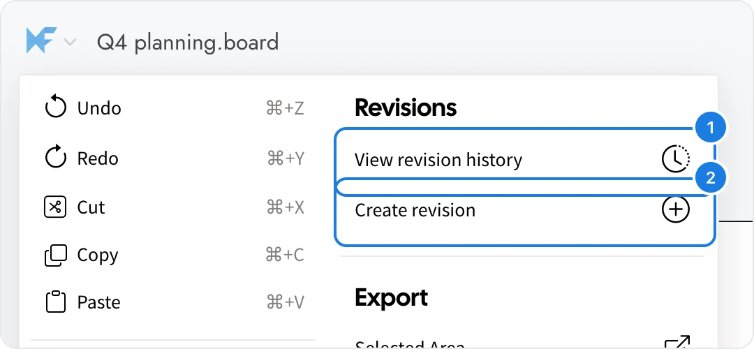 The board menu of a board file with View revision history and Create revision marked