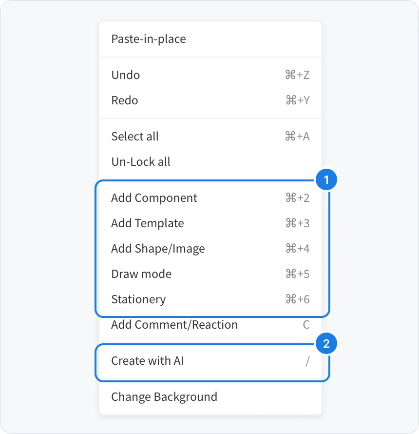 The menu that opens on a right-click on the canvas