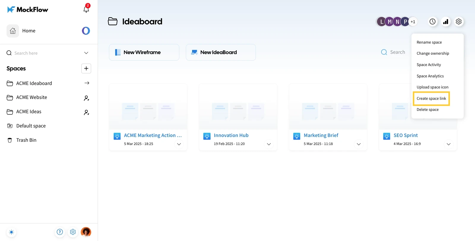 Choosing create space link - Create public link in MockFlow IdeaBoard