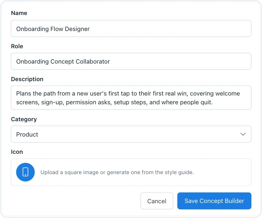 The builder Mida drafted, with its name, role, description, category and icon