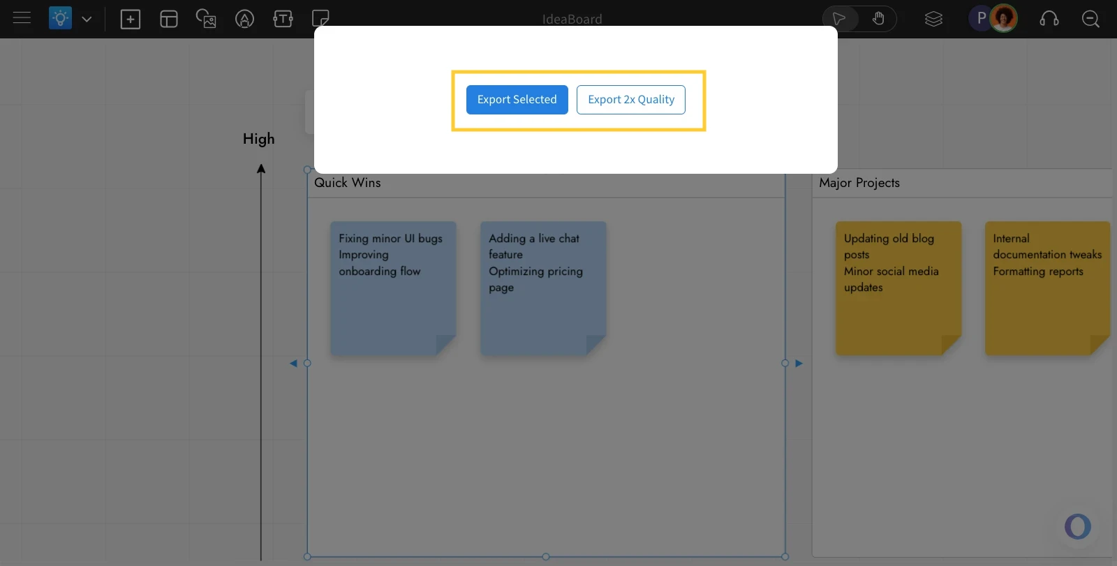 Choose an options to export - Exporting Section in MockFlow IdeaBoard
