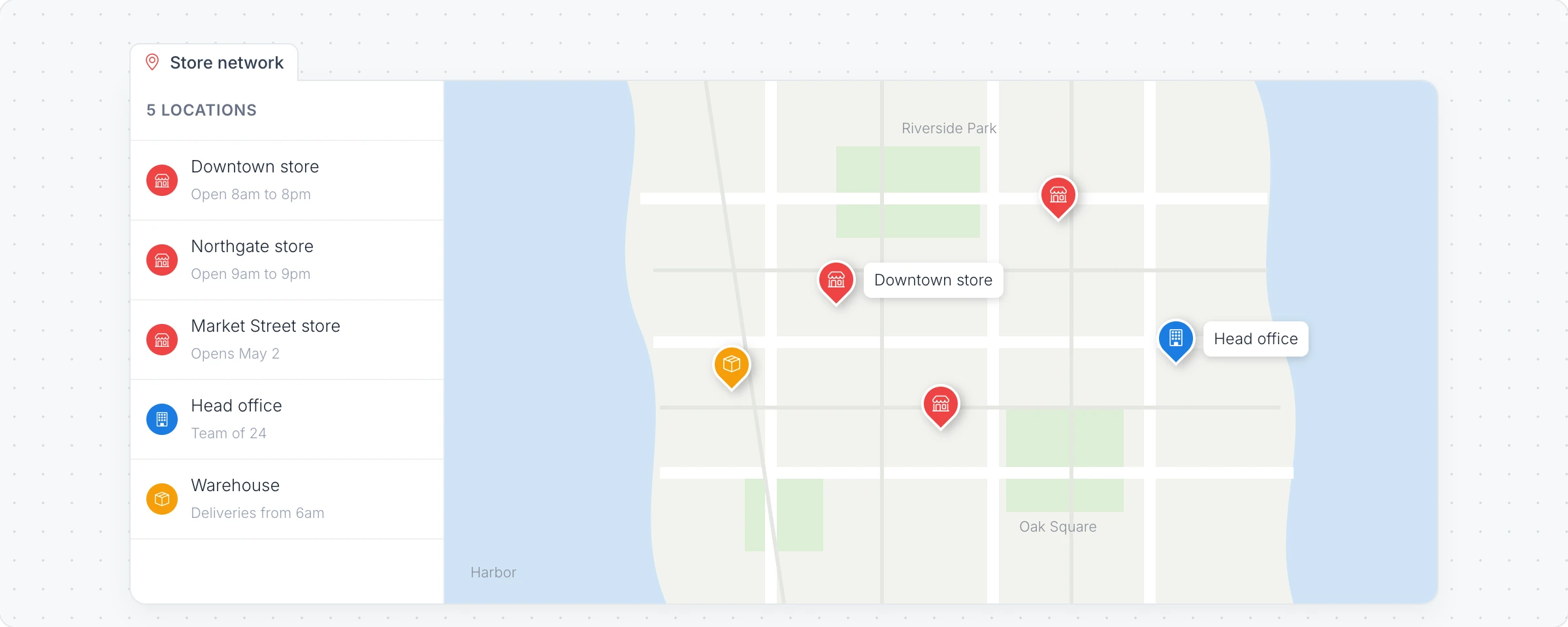 A Pin map of a city with five pins for stores, the head office and a warehouse, and a listing sidebar of the locations