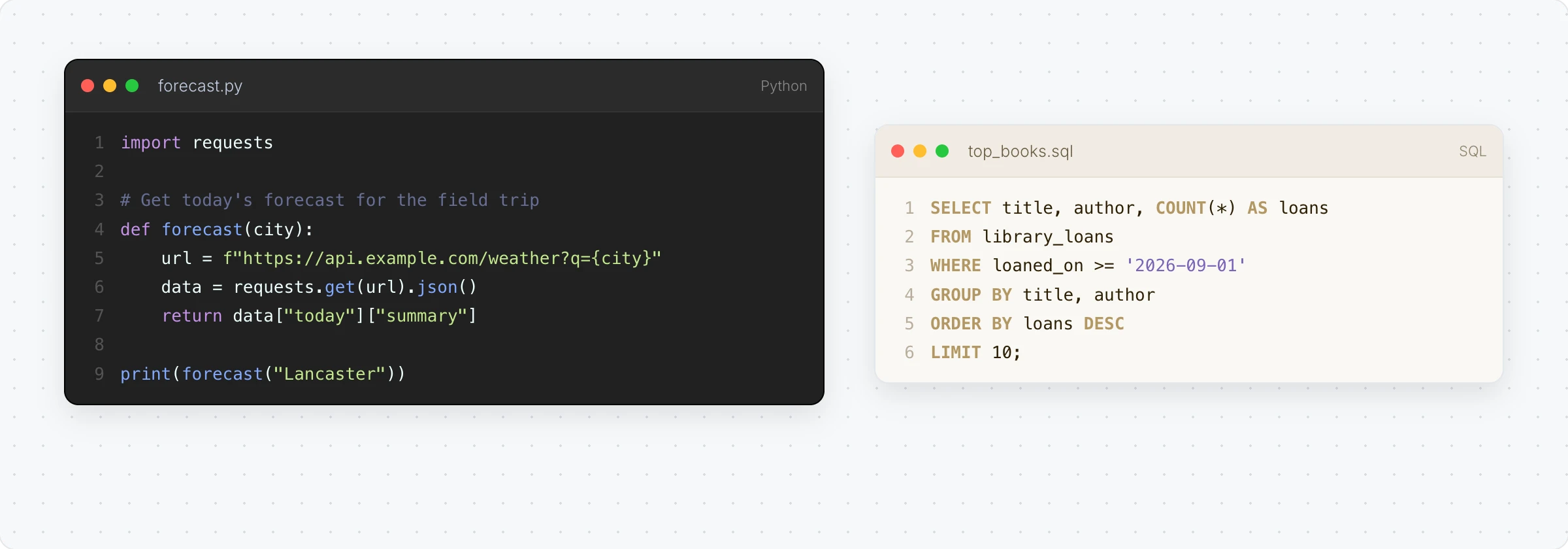 Two code blocks on a board: a Python function in a dark theme and a SQL query in a light theme, both with a title bar and line numbers