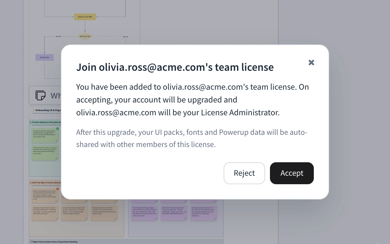 The Join team license dialog, with Accept clicked and the license being set up