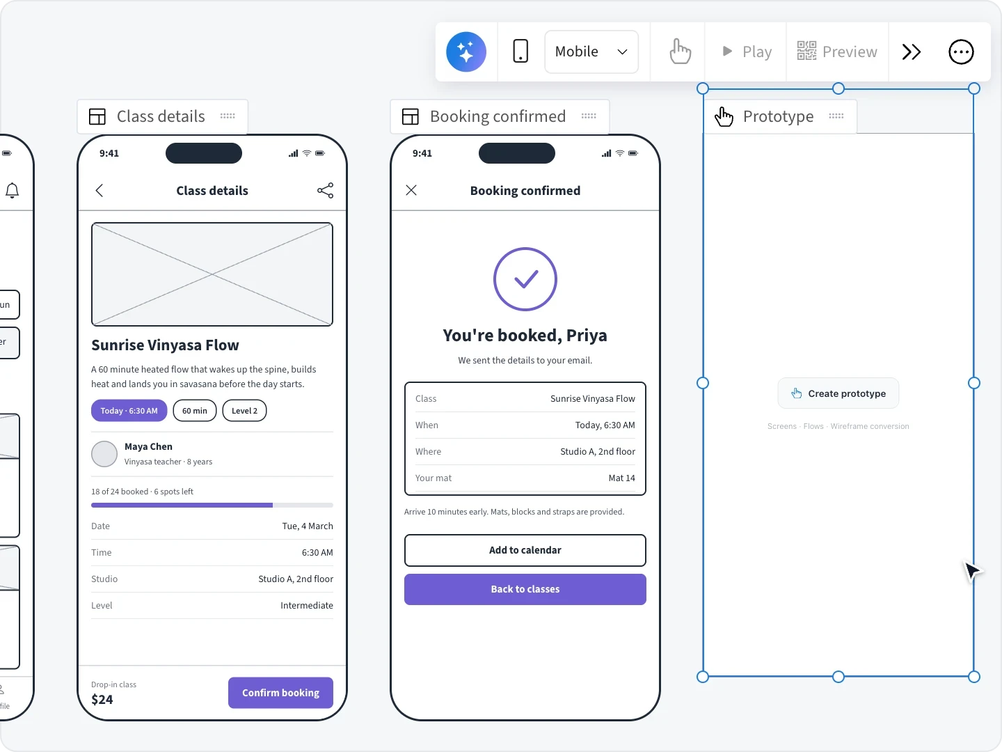 Three phone wireframes on a MockFlow board are converted into a linked, clickable prototype in a Prototype frame, clicked through from class list to booking confirmation, then previewed on a phone by QR code with Export to code ready in the toolbar