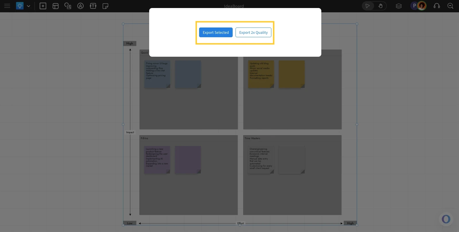Choosing the options to export - Exporting a board in MockFlow IdeaBoard