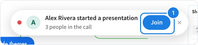 The banner members see, with Alex Rivera started a presentation and Join numbered