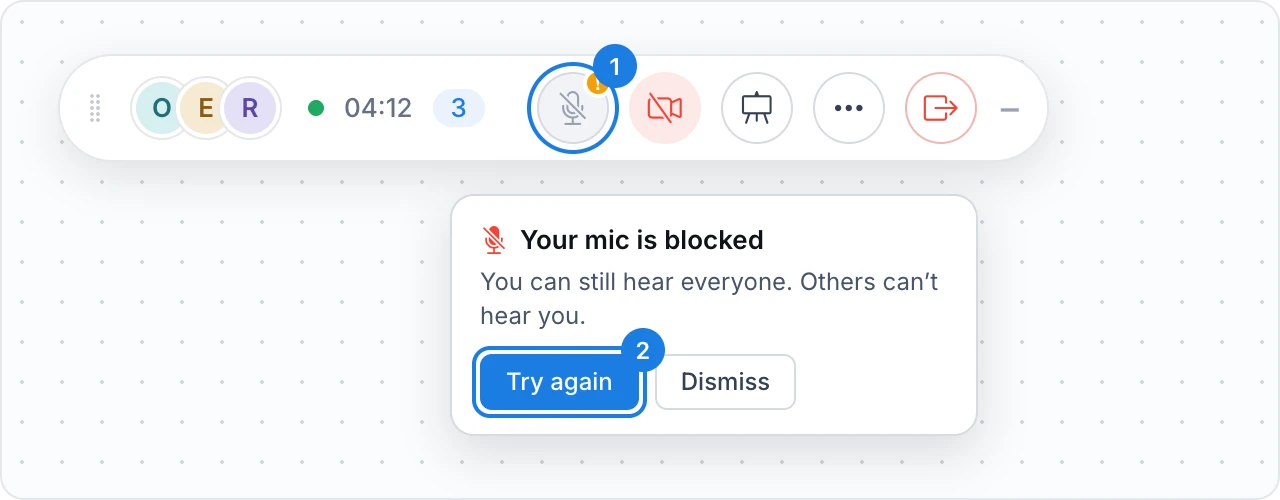 The meeting bar with a blocked microphone and the Your mic is blocked message with Try again