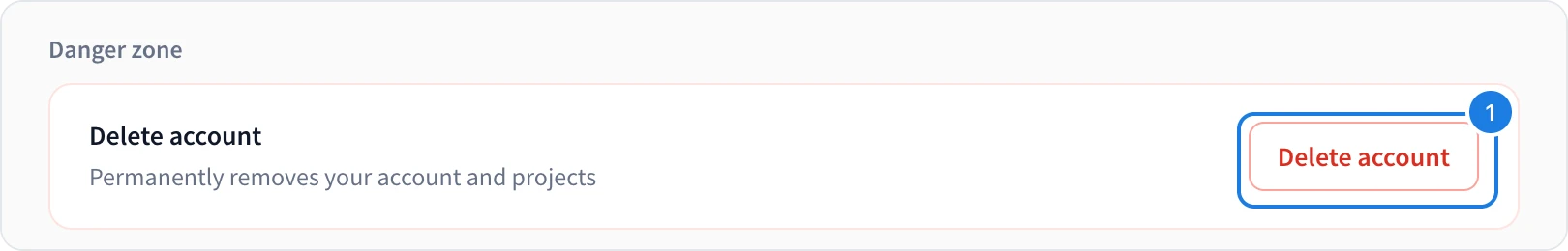 The Danger zone with the Delete account button numbered