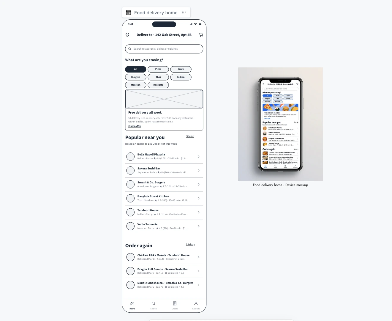 Selecting a phone wireframe, opening AI, Convert to, searching for flow, choosing Flowchart / Diagram and sending a prompt; a flowchart appears beside the screen, connected to it