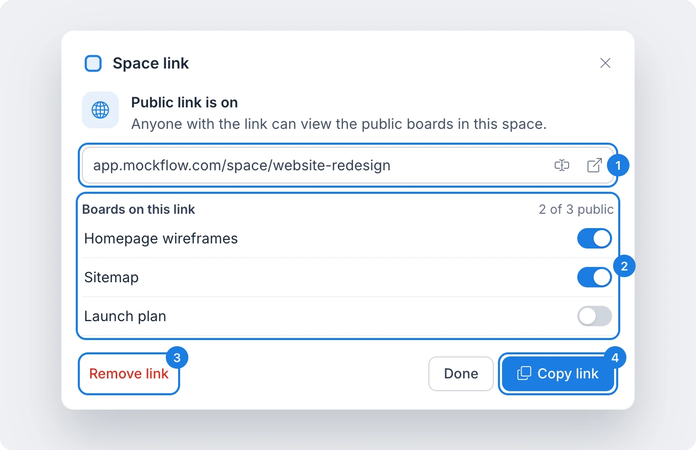 The Space link dialog with the public link on, showing the link address, the Boards on this link switches, Remove link and Copy link
