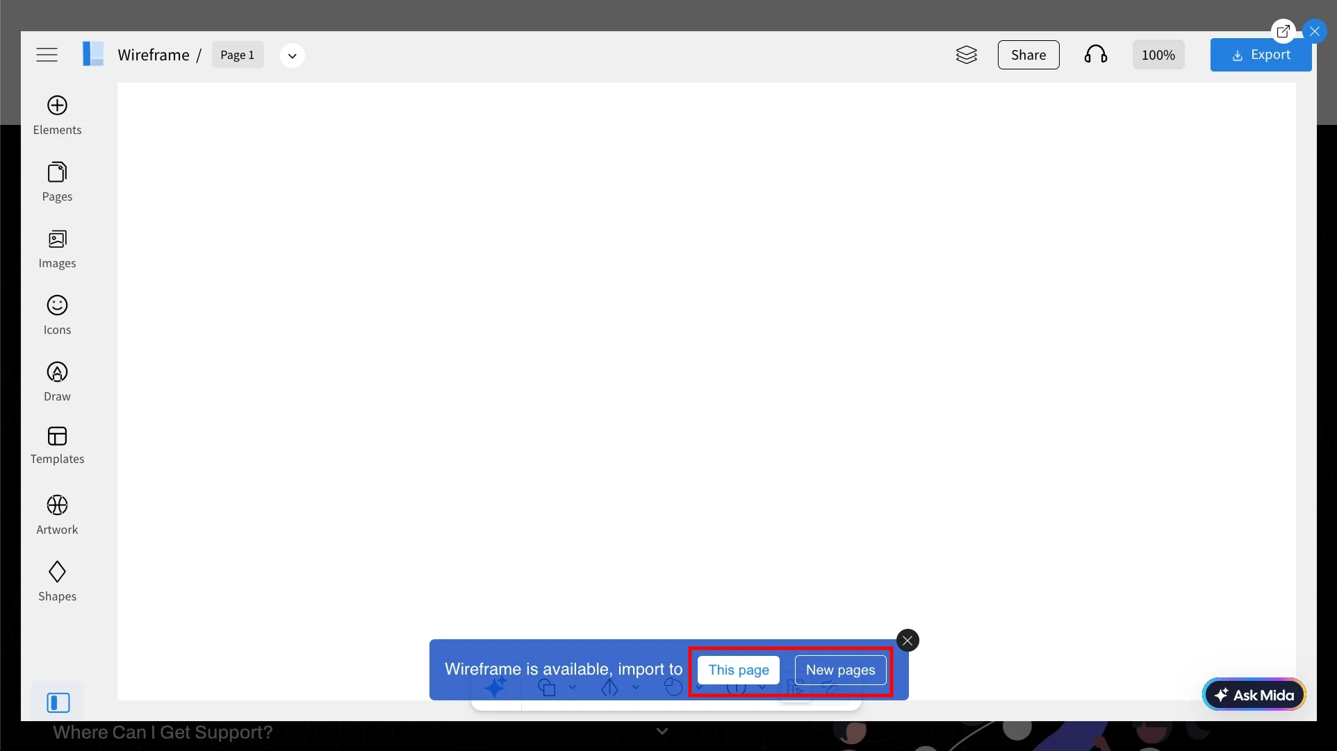 Choose the page options to import the Wireframes - MockFlow WireframePro Chrome Extension