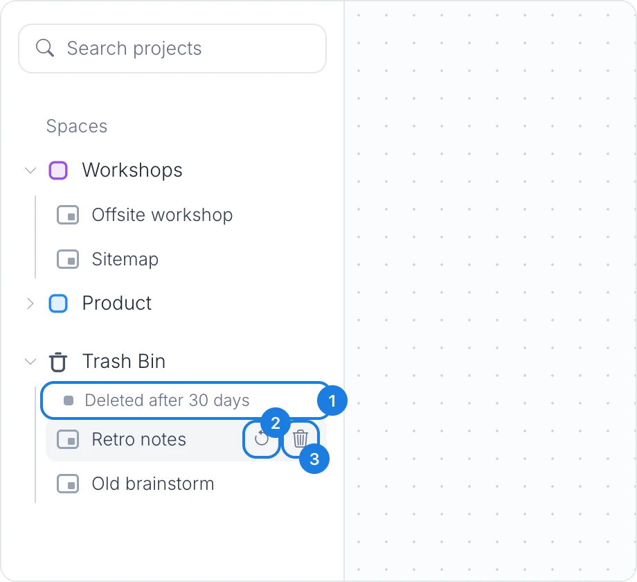 Trash Bin open in the workspace sidebar, with the Deleted after 30 days note, and Restore and Delete forever on a deleted board