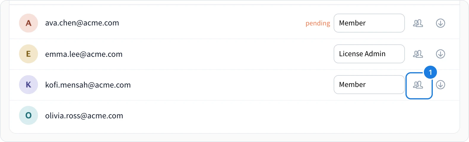 The Transfer data to another user button in a teammate's row