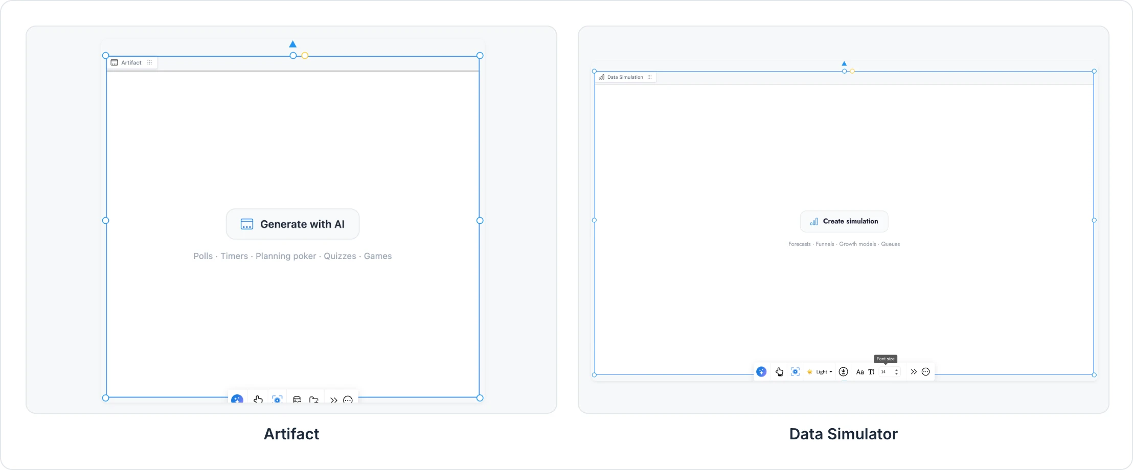 A new Artifact frame with Generate with AI, and a new Data Simulator frame with Create simulation