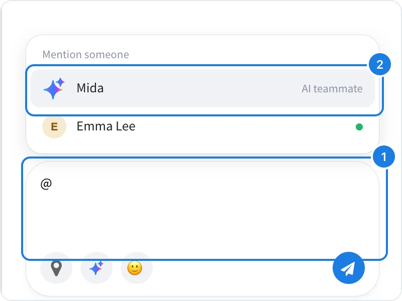 The team chat message field with @ typed and the Mention someone list showing Mida, the AI teammate, and a teammate who is online