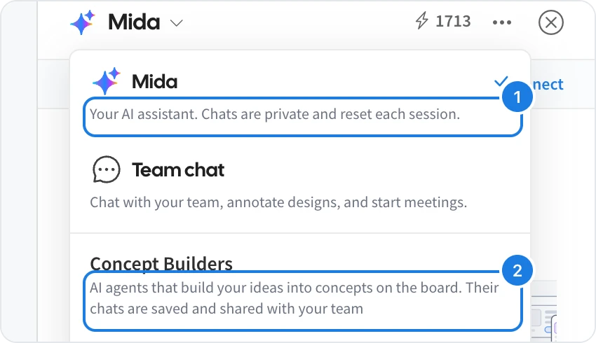 The chat switcher, noting that Mida chats are private and reset each session and that Concept Builder chats are saved and shared