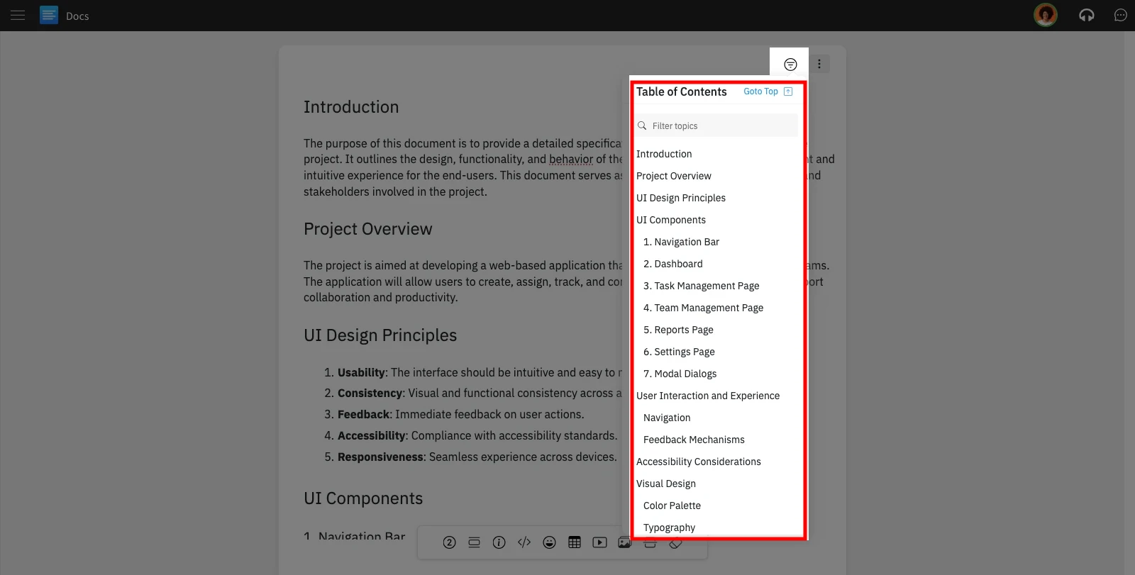 Clicking any option in the Table of Contents will instantly navigate you to that section.