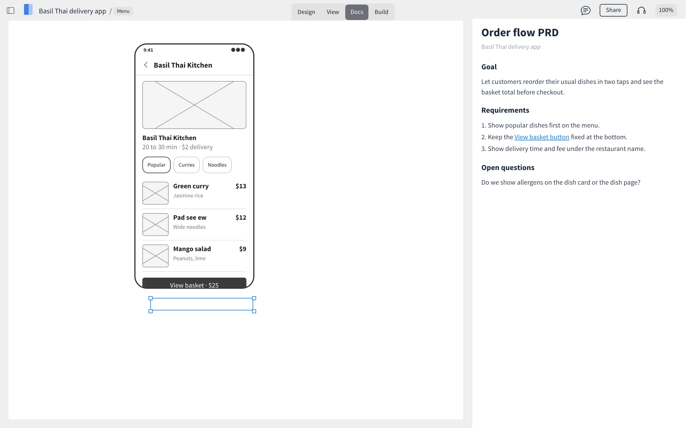 The Docs tab of a food delivery app: the menu screen on the left with the View basket button selected, and an Order flow PRD on the right whose requirement links to the View basket button