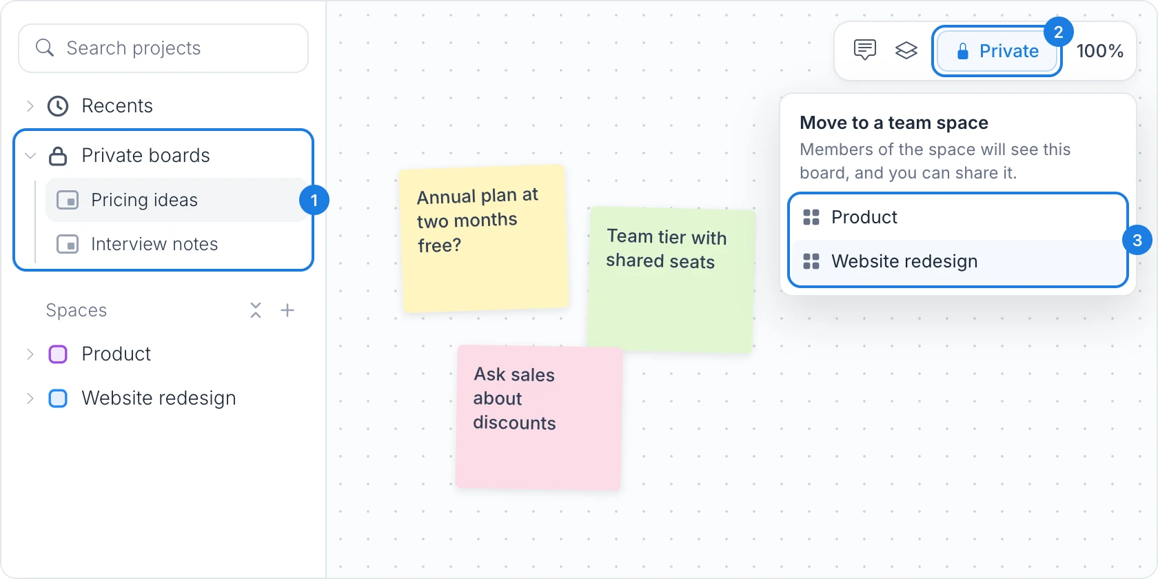 A board in Private boards, with the Private tag in place of the Share button and the Move to a team space list open