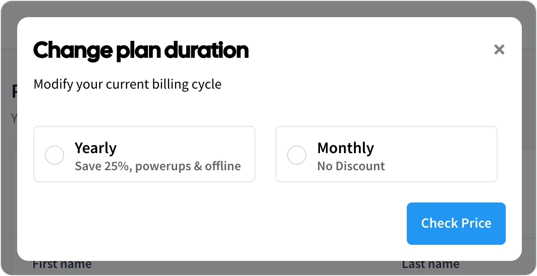 The Change plan duration dialog with Yearly and Monthly