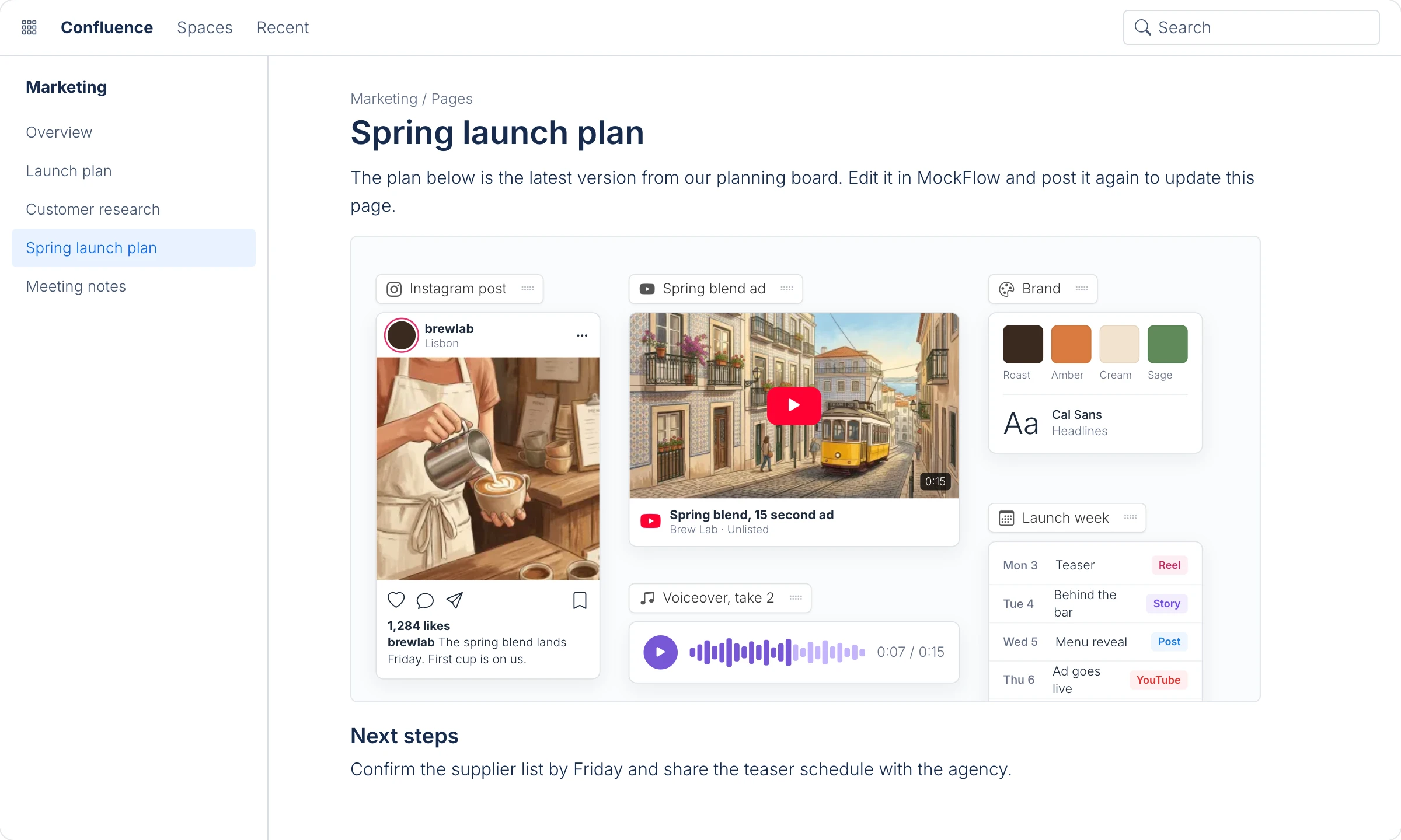 A Spring launch plan page in Confluence with a MockFlow board inserted between the introduction and the next steps