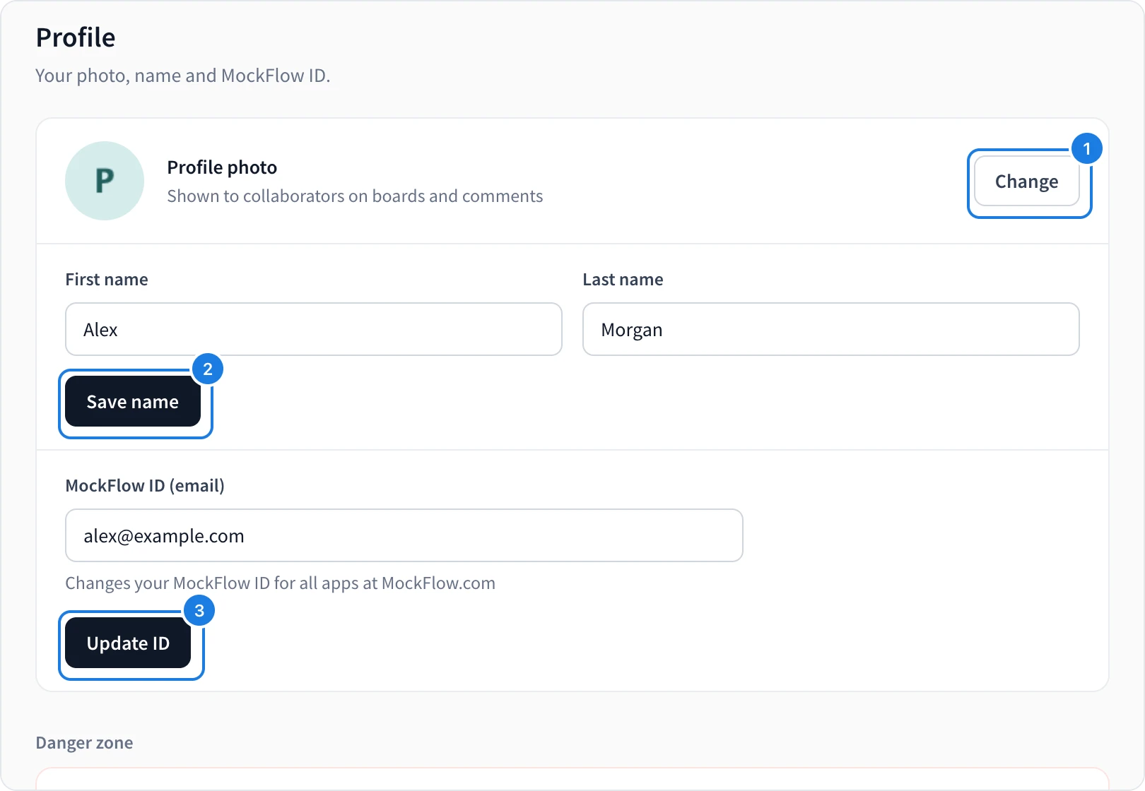 The Profile tab with Change photo, Save name and Update ID numbered