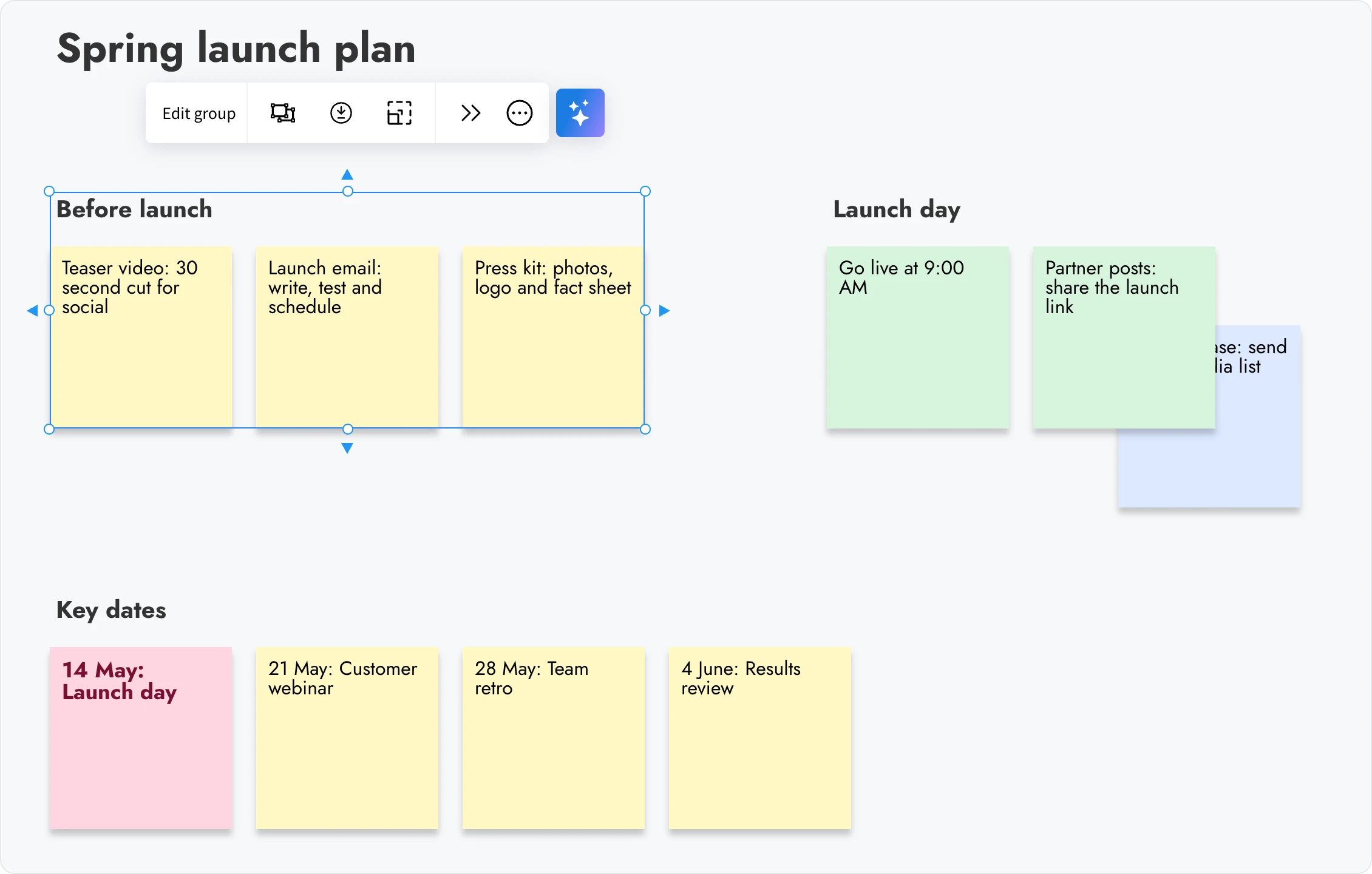 A Spring launch plan board on the MockFlow canvas. The Before launch heading and its three sticky notes are selected as one group, with the group toolbar above them